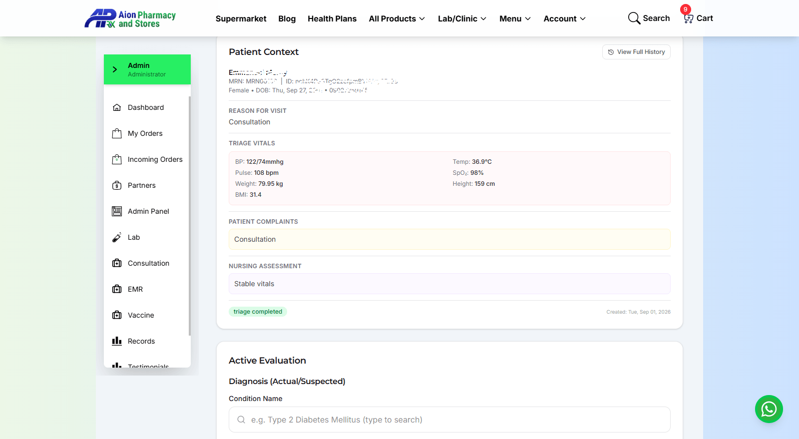 Consultation showing patient context