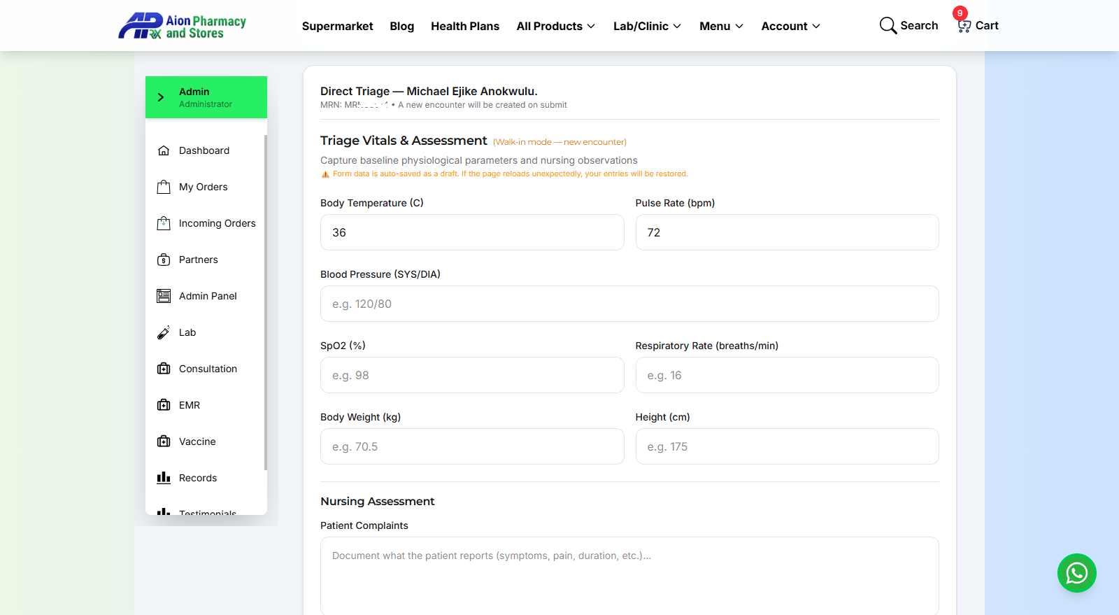 Triage intake form