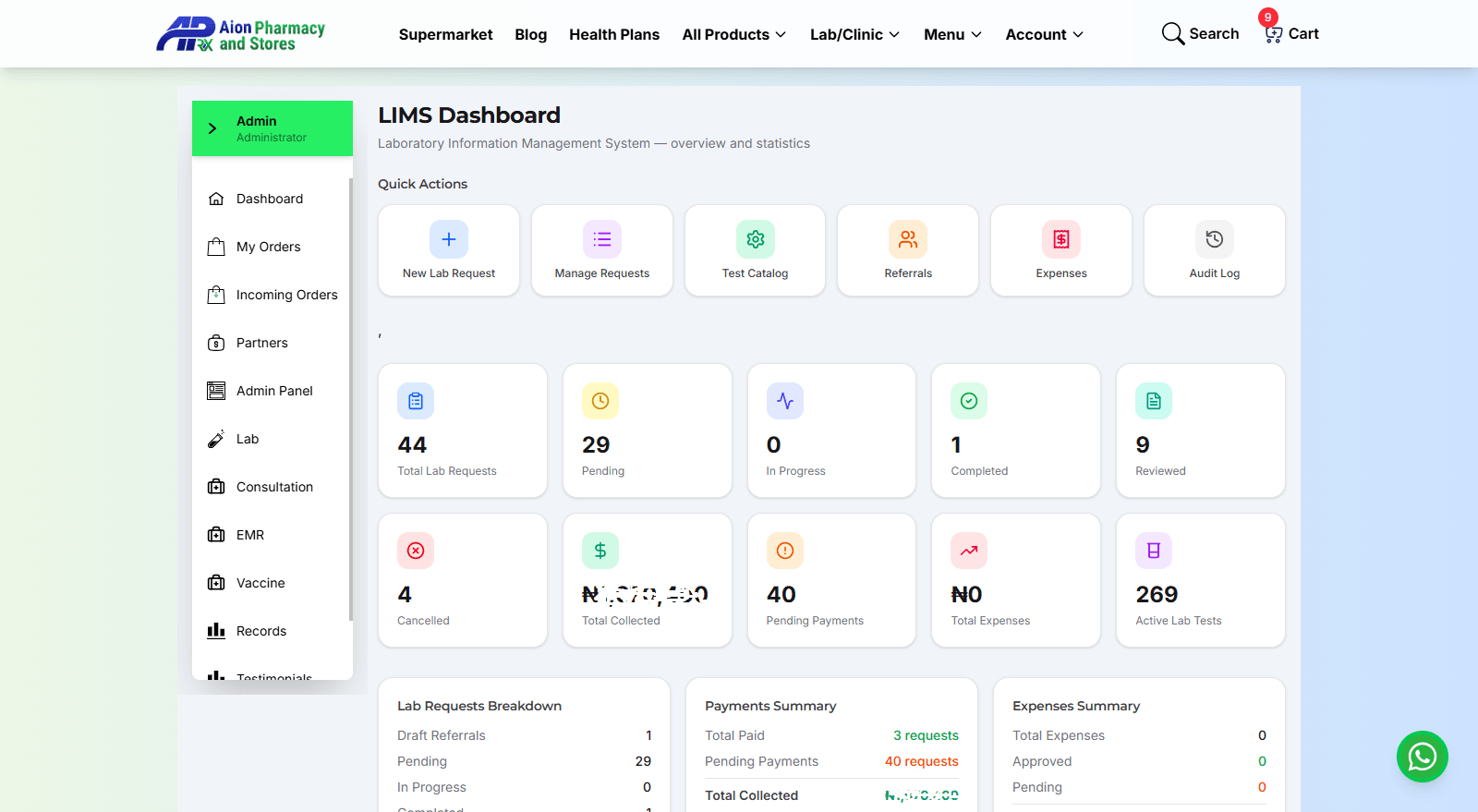 Laboratory information management dashboard