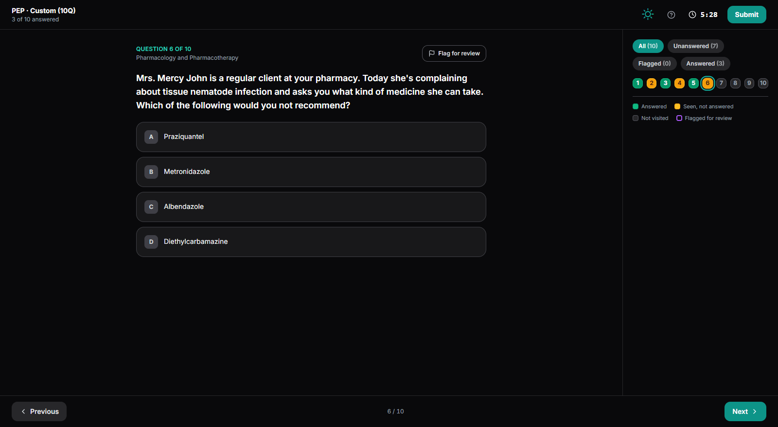 Timed exam in progress, dark mode